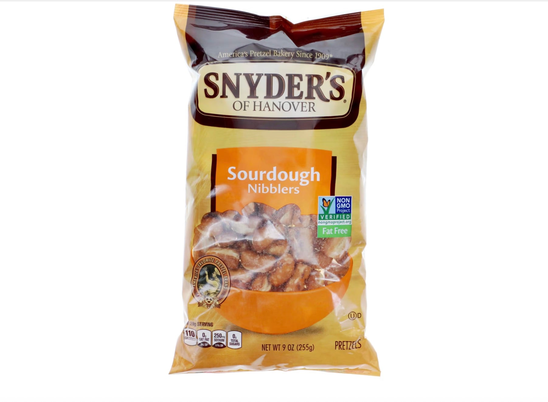 A bag of Snyder's of Hanover Sourdough Nibblers pretzels. The packaging is mostly yellow and brown, showing the pretzels through a clear window. The bag is labeled as Non-GMO Project Verified and Fat Free.
