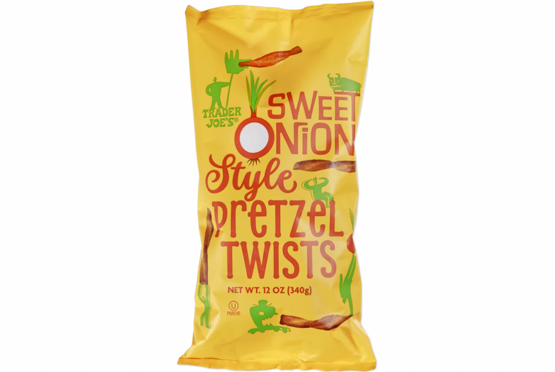 A yellow bag of Trader Joe’s Sweet Onion Style Pretzel Twists with playful green and orange graphics, showing pretzel images and the product name in large, bold letters on the front.