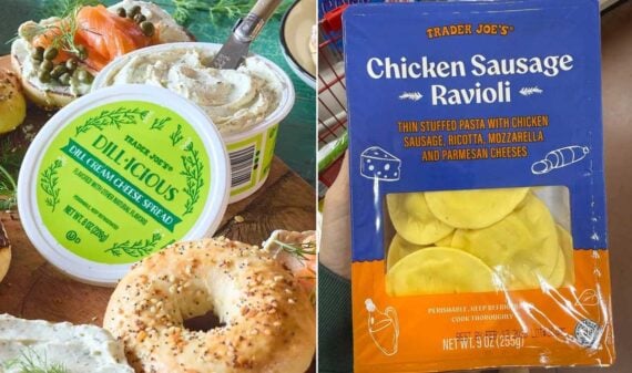A container of Trader Joe&rsquo;s Dill-icious Dill Cream Cheese Spread with an open bagel beside it, next to a package of Trader Joe&rsquo;s Chicken Sausage Ravioli held in someone&rsquo;s hand.