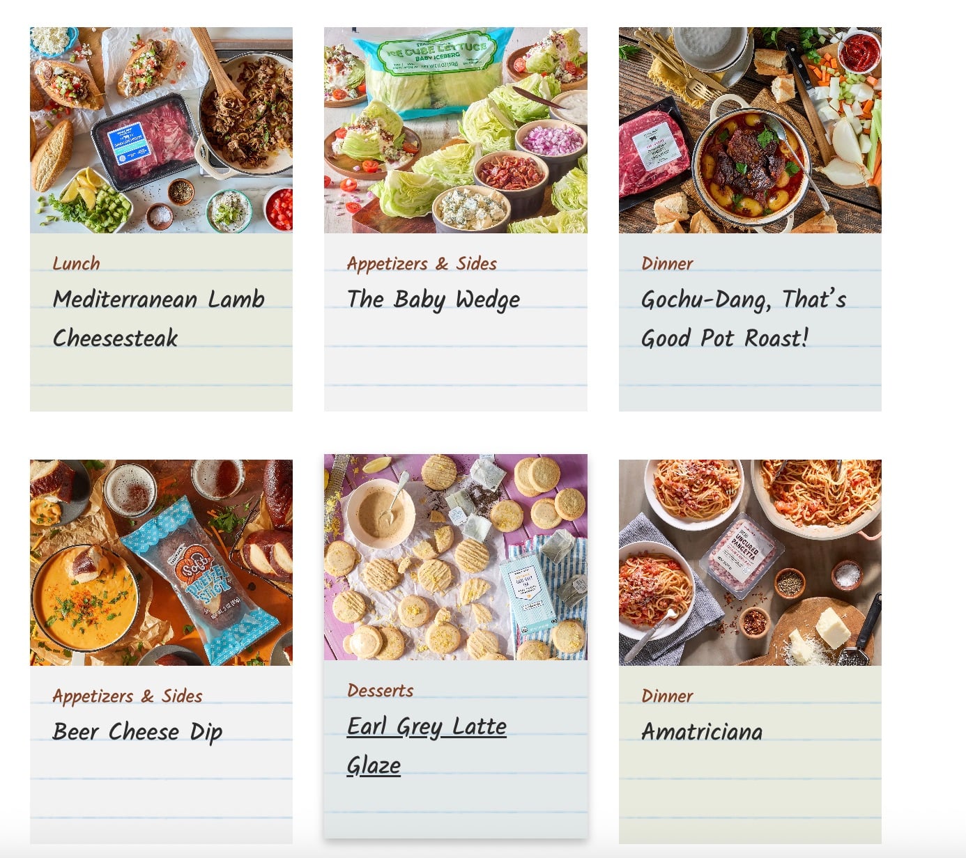 A collage of six food dishes labeled with meal categories and names, including Mediterranean Lamb Cheesesteak, The Baby Wedge, Gochu-Dang Pot Roast, Beer Cheese Dip, Earl Grey Latte Glaze, and Amatriciana.