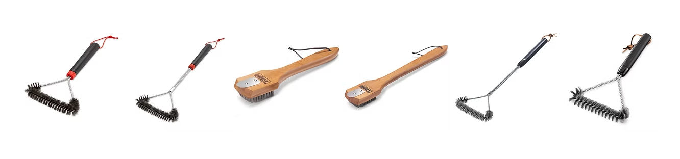 Five different grill brushes are displayed on a white background, featuring various handle materials (wood and plastic) and different brush head designs for cleaning grills.