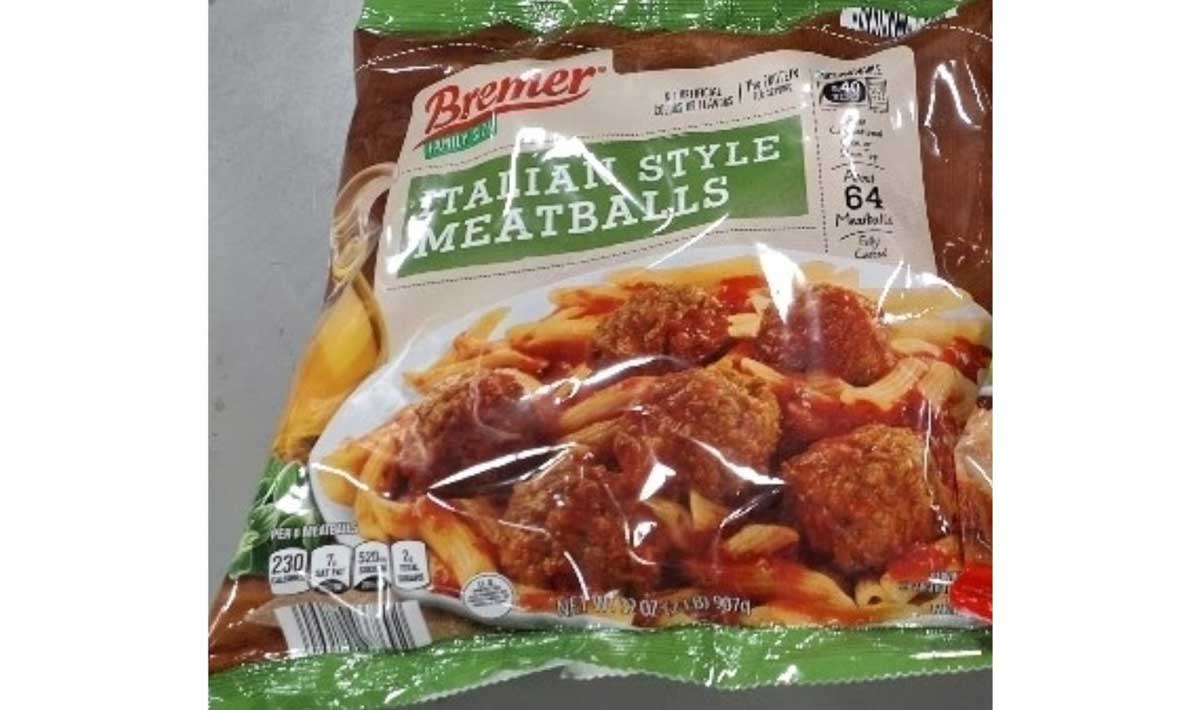 A bag of Bremer Italian Style Meatballs from Aldi, showing an image of meatballs on pasta. The package highlights nutrition facts and contains 64 delicious Aldi frozen meatballs with a net weight of 32 oz (2 lbs).