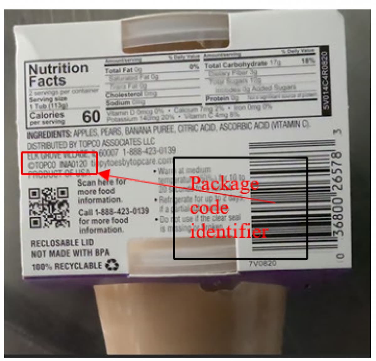 A food package label shows nutrition facts, ingredients, a barcode, and a QR code. An arrow points to a string of numbers labeled "Package code identifier" above the barcode, helpful for tracking in case of a baby food recall.
