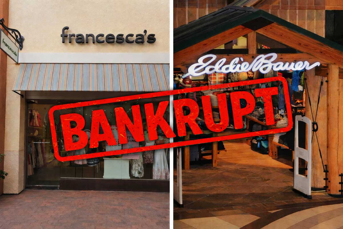 Split image of Francesca’s and Eddie Bauer store entrances stamped with a bold red “BANKRUPT,” highlighting their recent bankruptcy struggles.