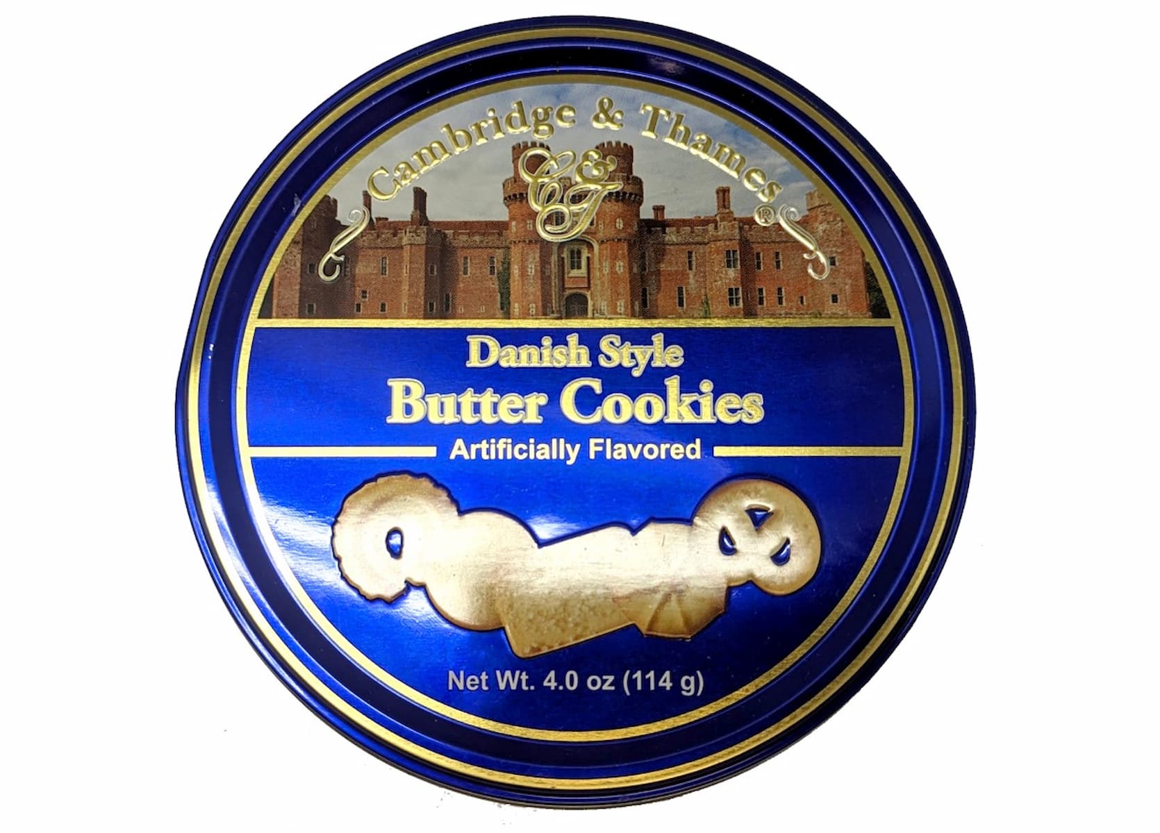 A round blue tin of Cambridge & Thames Danish Style Butter Cookies, 4 oz (114 g), featuring an image of a castle and three butter cookies on the lid. The tin states "Artificially Flavored.
