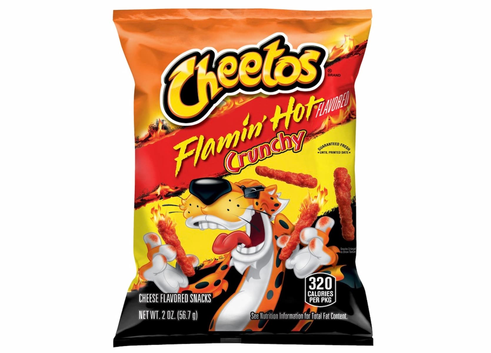 A bag of Cheetos Flamin’ Hot Crunchy cheese-flavored snacks featuring the mascot Chester Cheetah, red hot snacks, and bold yellow and red branding. The package displays 320 calories per bag.