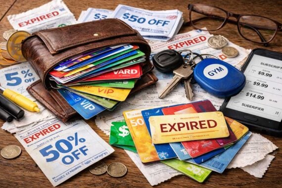 A cluttered table with a wallet full of various wallet items costing you money&mdash;cards, keys, gym tag, coins, receipts&mdash;a smartphone showing a shopping list, eyeglasses, and many expired and active discount coupons scattered around.