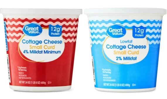 Two containers of Great Value cottage cheese are shown: one red for "Small Curd 4% Milkfat Minimum" and one blue for "Lowfat Cottage Cheese Small Curd 2% Milkfat." Each holds 24 oz and provides 12g protein per serving.