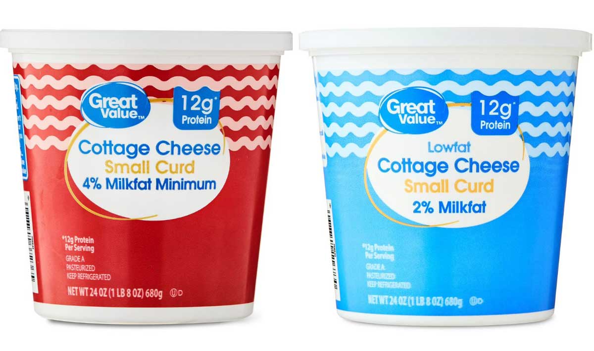 Two containers of Great Value cottage cheese are shown: one red for "Small Curd 4% Milkfat Minimum" and one blue for "Lowfat Cottage Cheese Small Curd 2% Milkfat." Each holds 24 oz and provides 12g protein per serving.