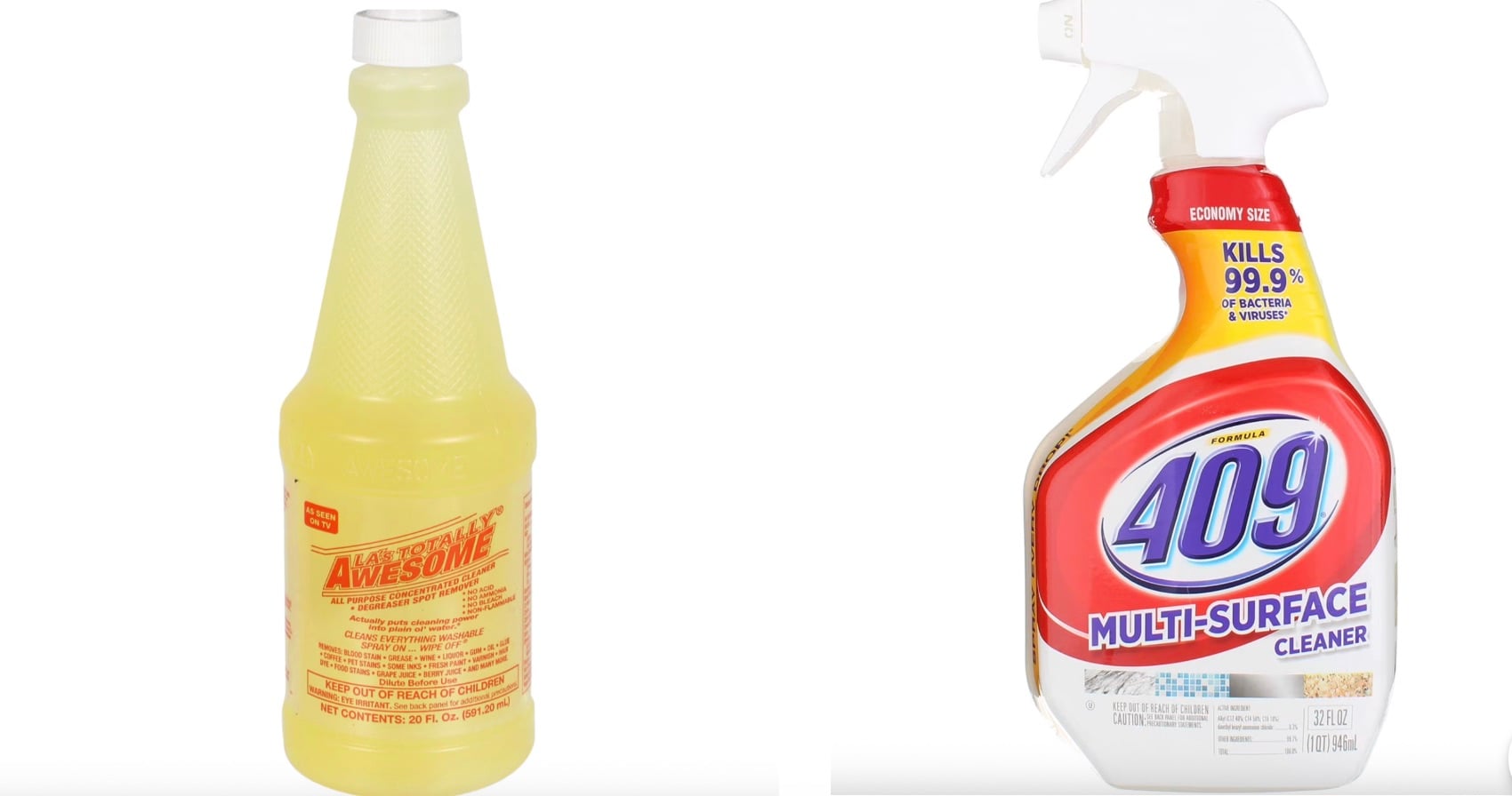 Two cleaning products: a yellow bottle of LA’s Totally Awesome All Purpose Cleaner on the left, and a spray bottle of Formula 409 Multi-Surface Cleaner on the right, both against a white background.