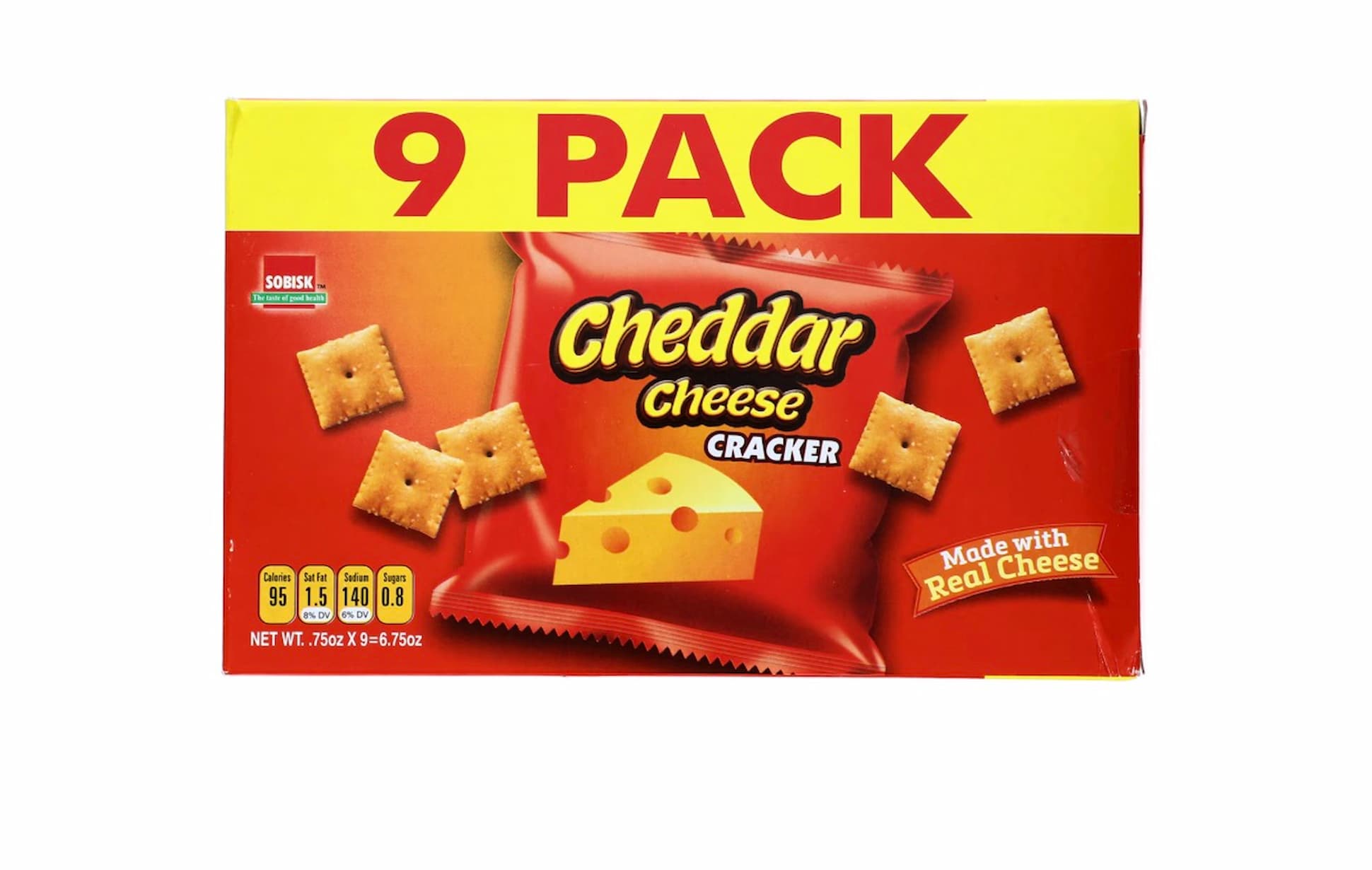 A box of Sobisk Cheddar Cheese Cracker with “9 PACK” in large red letters on a yellow background. The box is red with images of cheese crackers and a wedge of cheese, labeled “Made with Real Cheese.”