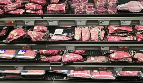 Packages of raw beef cuts and ground beef are displayed on shelves in a grocery store meat section, with price tags visible above each row.
