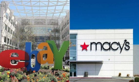 Split image: On the left, colorful eBay letters outside an office building; on the right, the Macy's logo with a red star on a white storefront under a clear blue sky, both companies rumored to face 2026 layoffs.