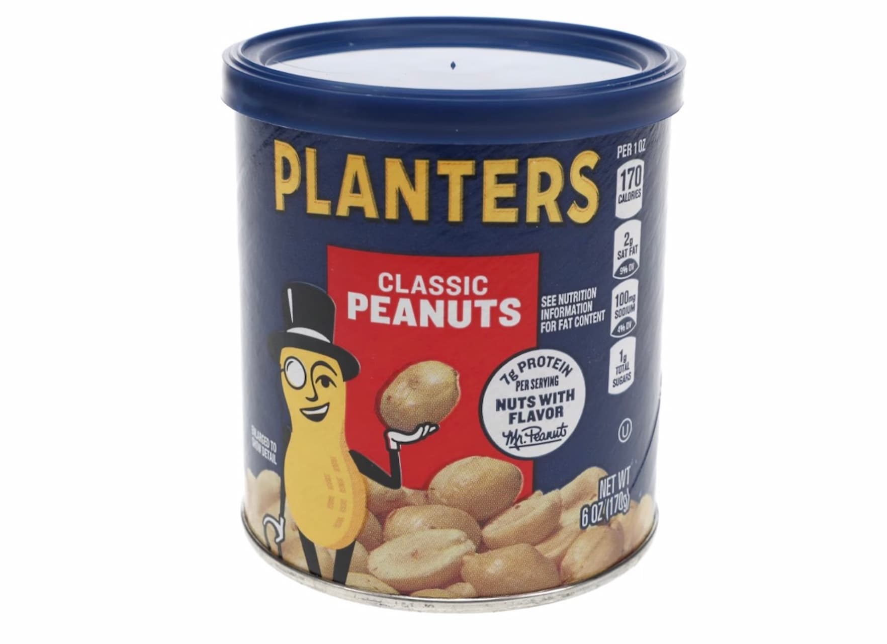 A can of Planters Classic Peanuts with a blue lid, featuring the Mr. Peanut mascot on the label, nutritional information, and images of peanuts on the front.