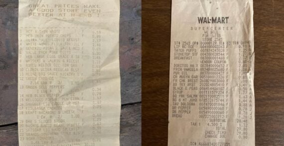 Two grocery store receipts are shown side by side on a wooden surface. The left receipt is from H‑E‑B and the right is from Walmart. Both receipts list multiple grocery items and prices, with text somewhat faded.