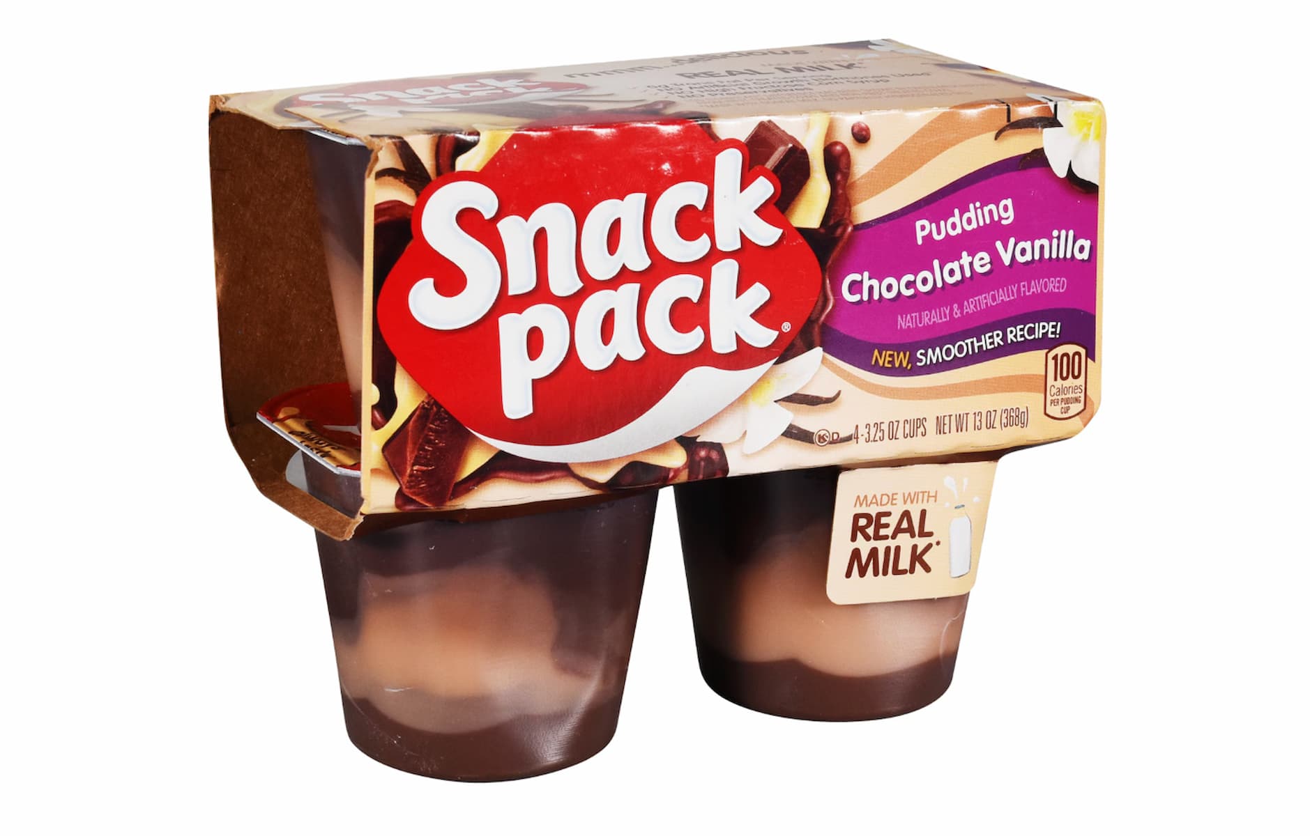 A two-pack of Snack Pack chocolate vanilla pudding cups with a red and white label, highlighting "Made with Real Milk" and "100 calories per serving" on the packaging.