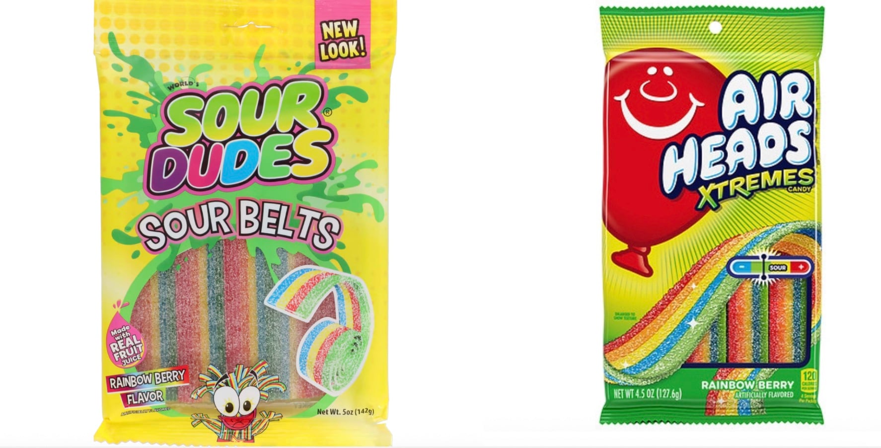 Two colorful packages of rainbow berry-flavored sour candy belts: Sour Dudes Sour Belts on the left and Airheads Xtremes on the right, both showing images of rainbow-striped candy strips on the packaging.