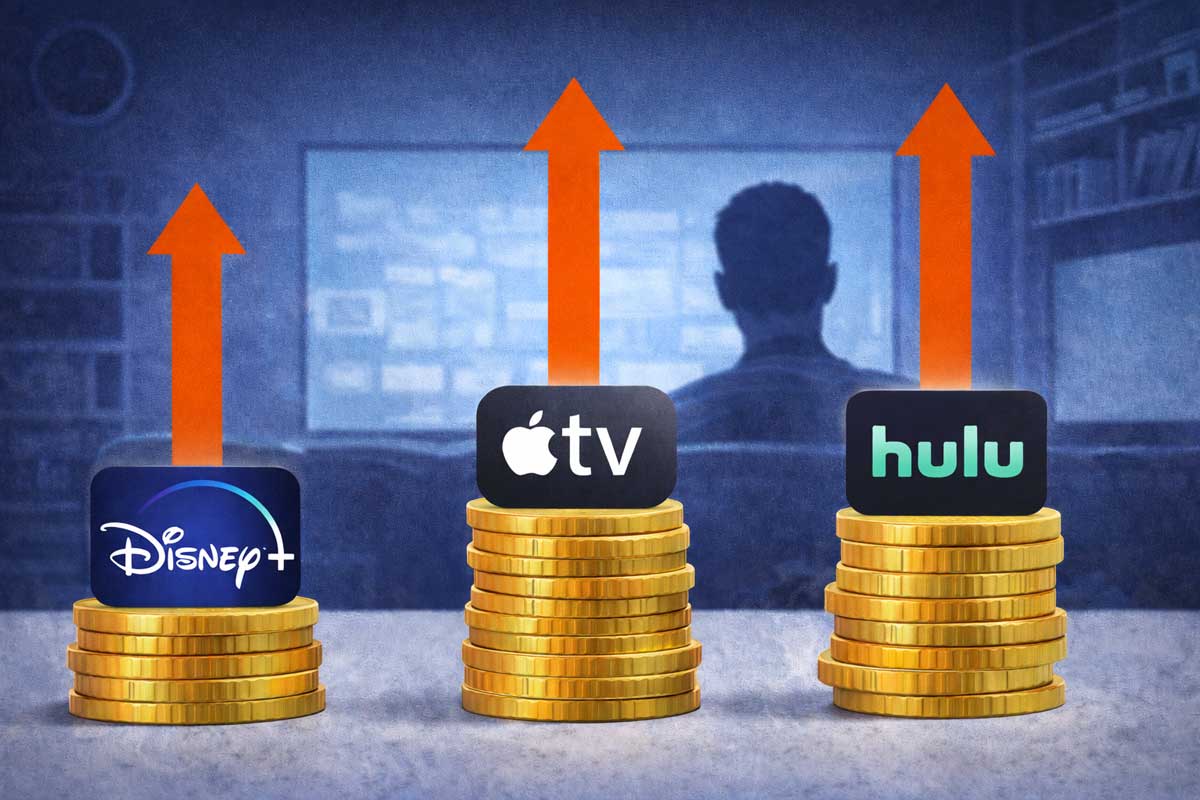 A person sits in front of a TV screen. Stacks of coins with rising orange arrows display Disney+, Apple TV, and Hulu logos, highlighting the growing subscription costs for these streaming services.
