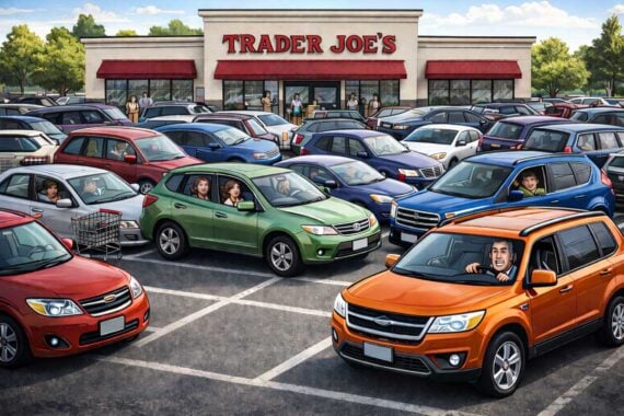 A crowded Trader Joe&rsquo;s parking lot filled with cars. Shoppers sit in their vehicles, and one person looks frustrated while driving an orange SUV&mdash;maybe they think Trader Joe&rsquo;s is overrated. Shopping carts and trees are visible in the background.
