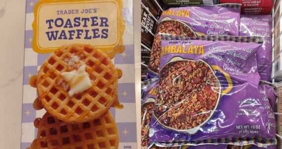 Split image: Left side shows a box of Trader Joe&rsquo;s Toaster Waffles with butter and syrup. Right side shows purple bags of Trader Joe&rsquo;s Jambalaya frozen meals stacked in a store display.