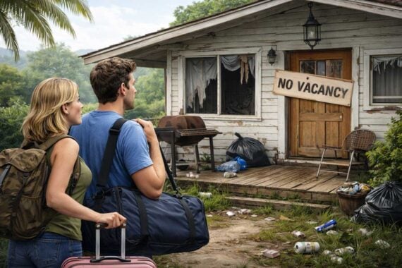 A man and woman with luggage stand before a run-down, trash-strewn house with broken windows. A large "NO VACANCY" sign hangs across the porch, hinting they've fallen victim to travel booking scams.