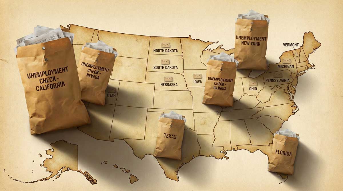 A map of the United States with large envelopes labeled with state names and "Unemployment Check" on top of California, Nevada, Texas, Illinois, New York, and Florida, illustrating unemployment benefits by state claims.