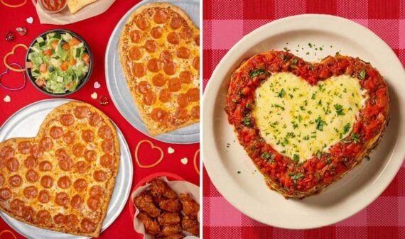 Heart-shaped pepperoni and cheese pizzas, salad, and chicken wings on the left; heart-shaped lasagna with tomato sauce and herbs on the right, all on red backgrounds with heart decorations.
