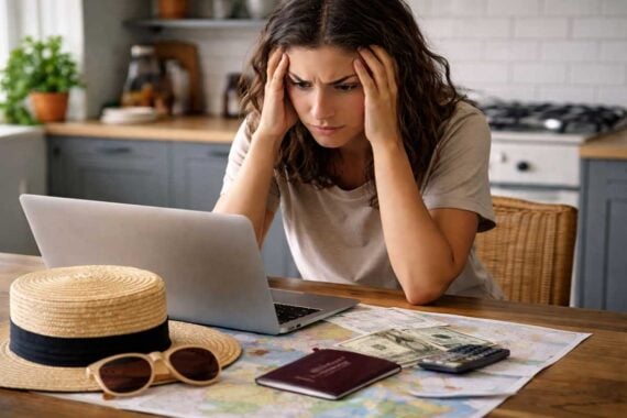 A woman sits at a kitchen table, looking stressed while holding her head and staring at a laptop. In front of her are a map, passport, cash, calculator, sunglasses, and a straw hat.