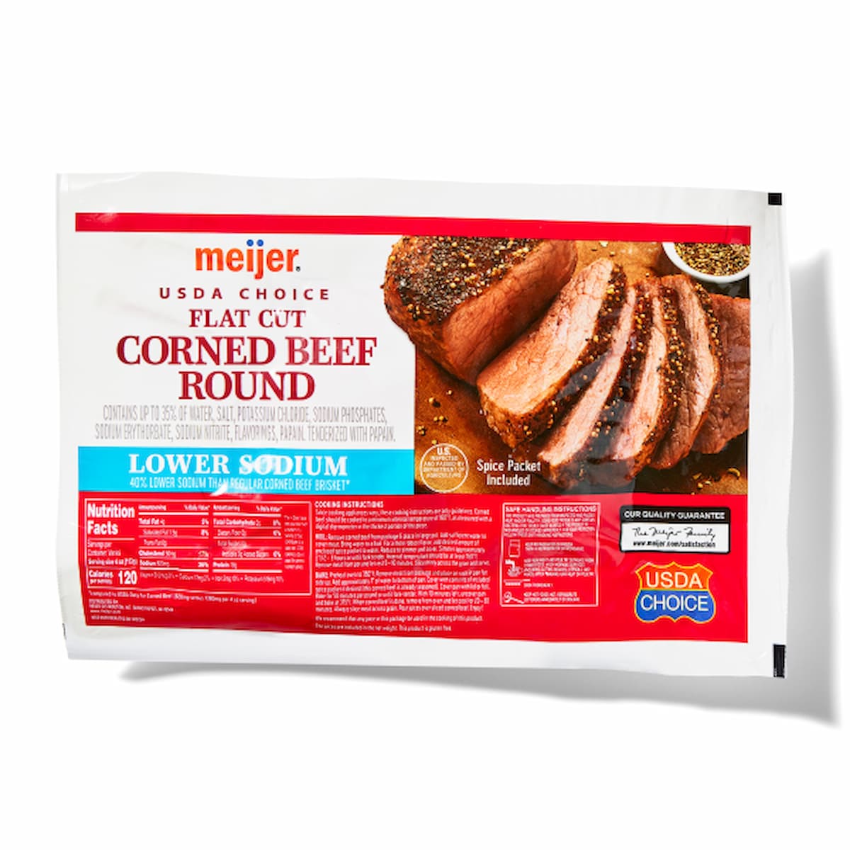 Package of Meijer USDA Choice Flat Cut Corned Beef Round, lower sodium, with a photo of sliced corned beef, nutrition facts, and “USDA Choice” and “Lower Sodium” labels on the front.