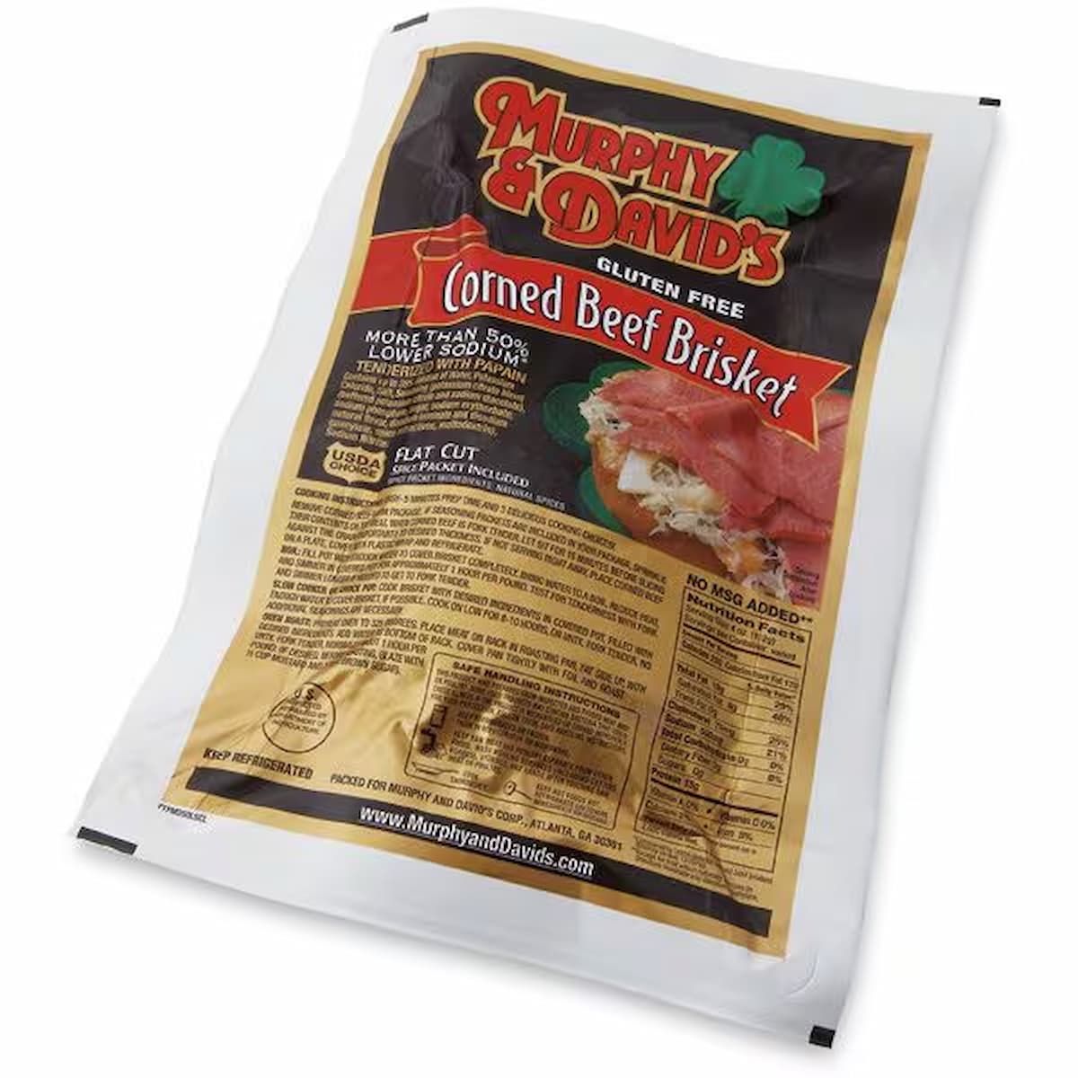 Vacuum-sealed package of Murphy & David's Gluten Free Corned Beef Brisket, featuring a photo of sliced corned beef on a sandwich and product details in red, gold, and black text on the label.