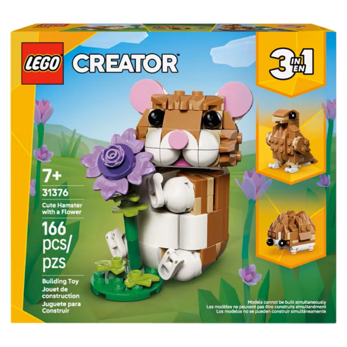 LEGO Creator 3-in-1 set box featuring a cute brick-built hamster holding a purple flower, with alternate builds of a hedgehog and mole shown in smaller images. The set has 166 pieces and is for ages 7 and up.