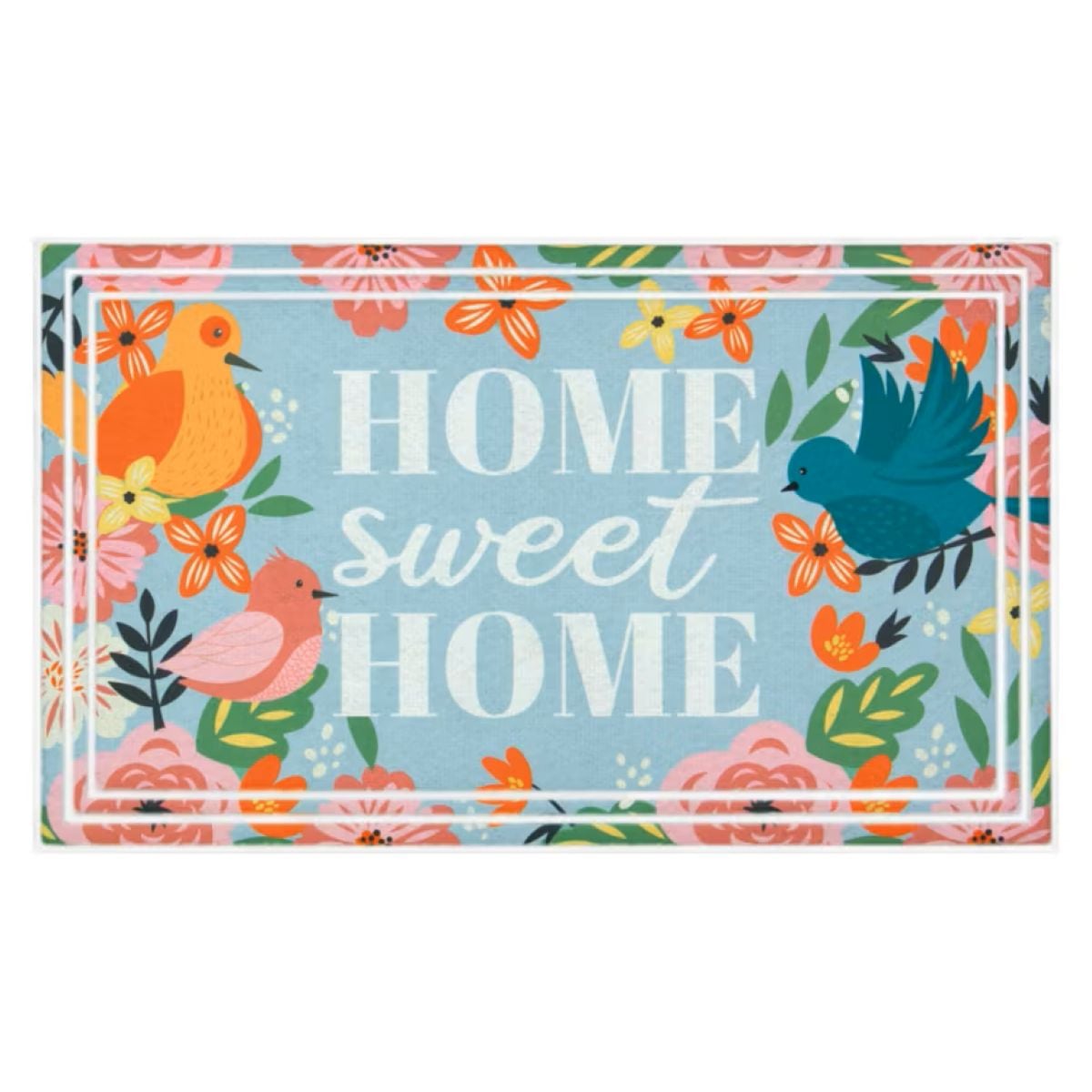A decorative mat with the words "Home sweet home" in white text, surrounded by colorful flowers and three birds on a blue background.