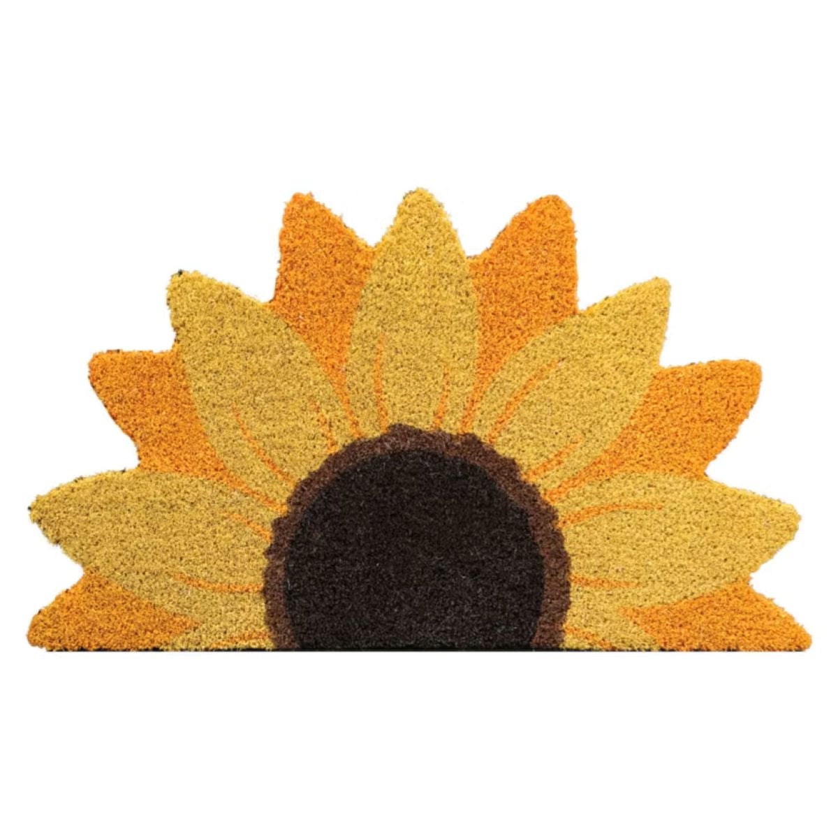 A doormat shaped like a sunflower, featuring yellow petals and a dark brown center, set against a white background.
