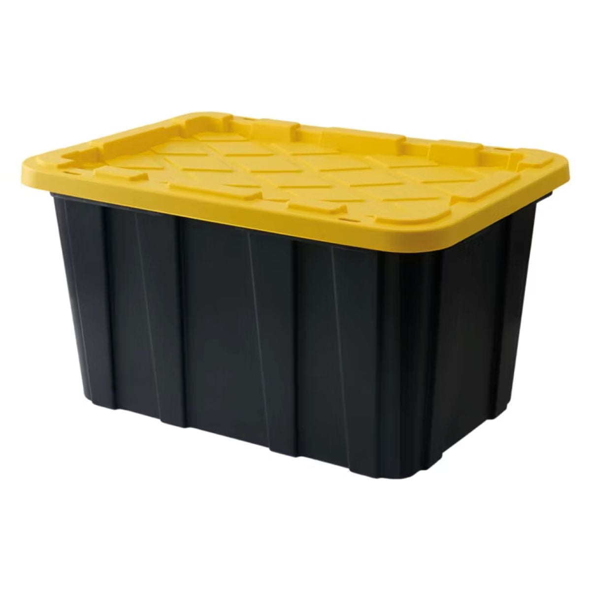 A large black plastic storage bin with a bright yellow, textured lid.
