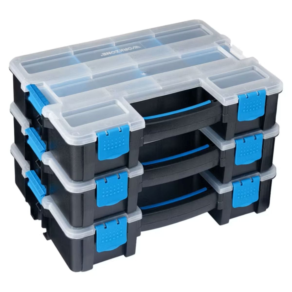 A black stackable plastic toolbox organizer with three compartments, each secured with blue latches and a transparent lid, designed for storing tools or small items.