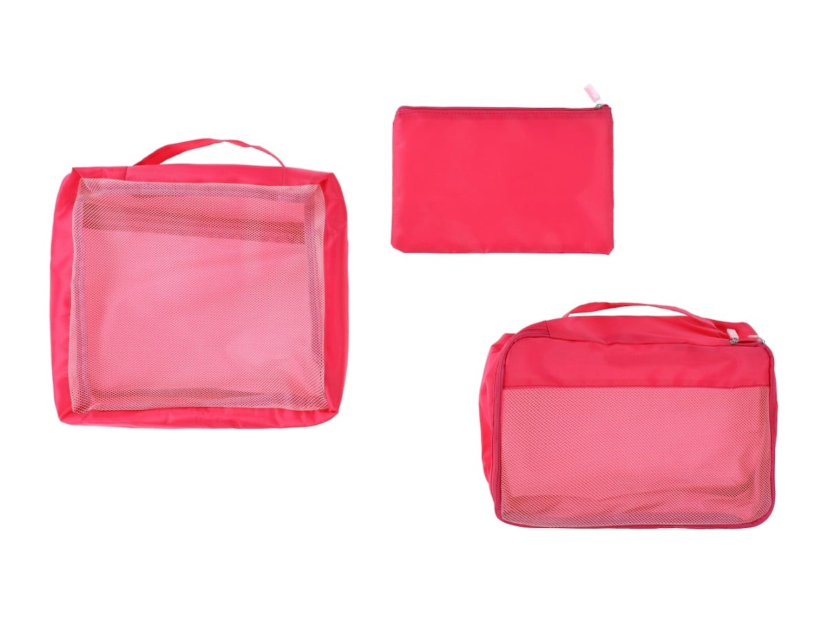 Three pink travel bags, perfect as five below finds: two rectangular with mesh fronts and handles, plus a smaller solid pouch with a zipper, all displayed on a white background.
