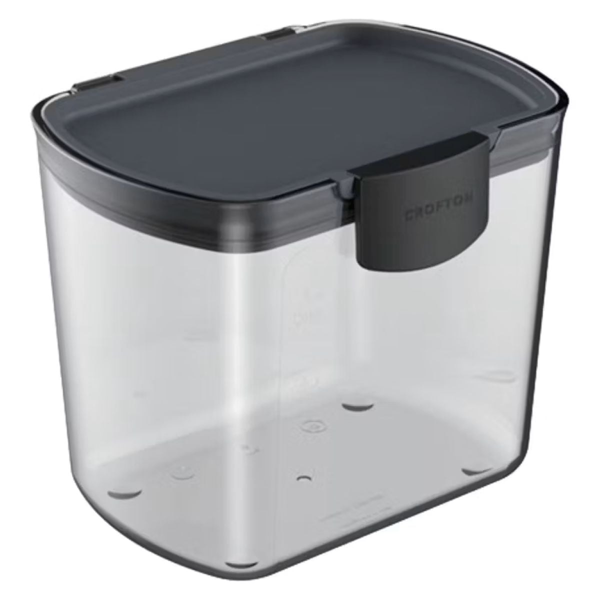 A clear, rectangular plastic storage container with a black lid and a labeled latch on the front, designed for airtight food storage.