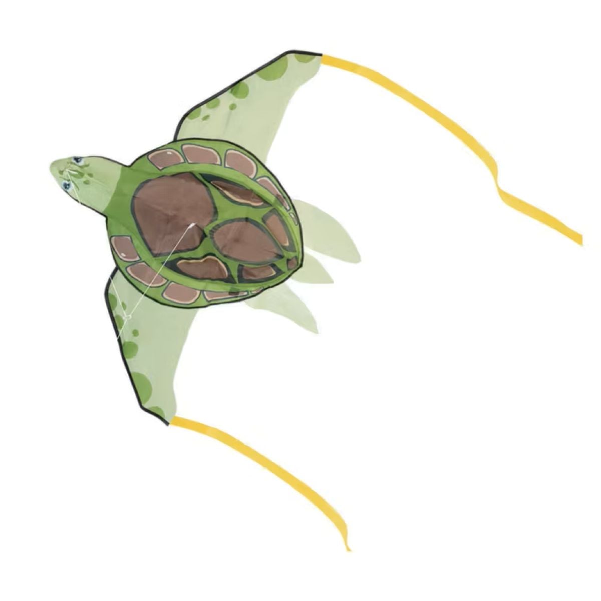 A green turtle-shaped kite with yellow streamers attached to its wings, shown against a white background.