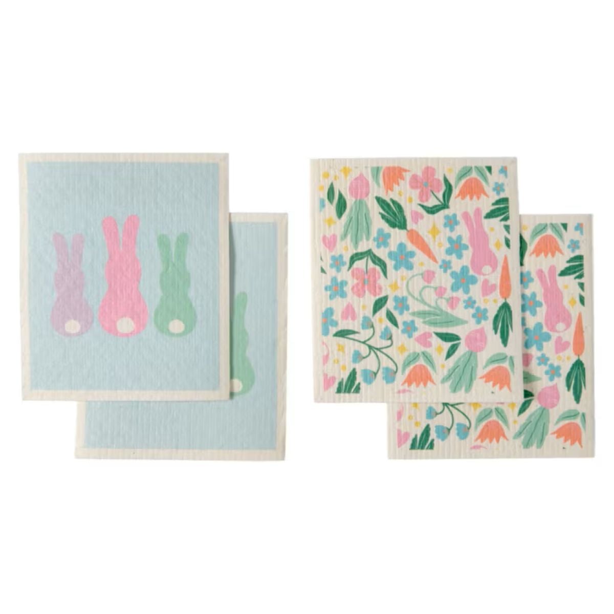 Two sets of dishcloths: one set with pastel pink, purple, and green bunny silhouettes on a light blue background; the other set with colorful floral and bunny patterns on a white background.