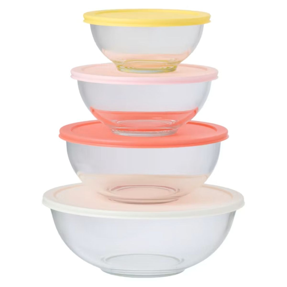 Four clear glass bowls stacked on top of each other, each with a different colored plastic lid: yellow, pink, red, and white, from top to bottom.