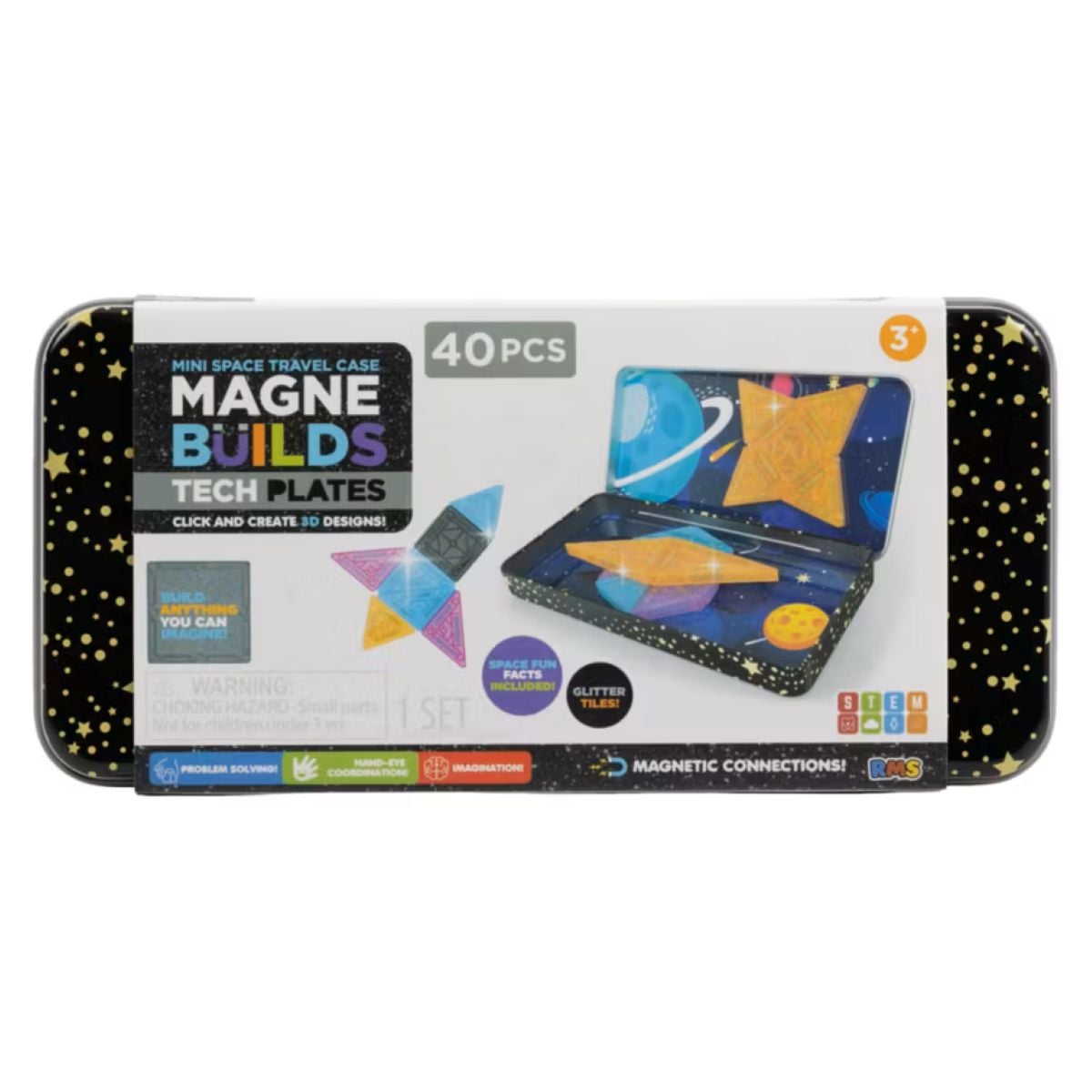 A rectangular tin case labeled "Magnebuilds Tech Plates" contains 40 pieces for ages 3+, with a space-themed design and images of colorful magnetic shapes forming rockets and stars. The case has a starry pattern.