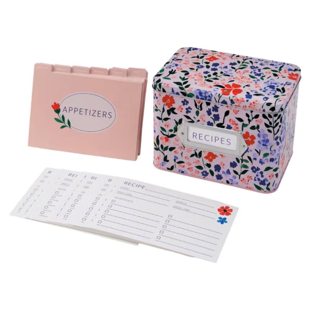A floral recipe box labeled "RECIPES" sits next to a pink tabbed divider labeled "APPETIZERS" and several blank recipe cards with checkboxes and lines for ingredients and instructions.