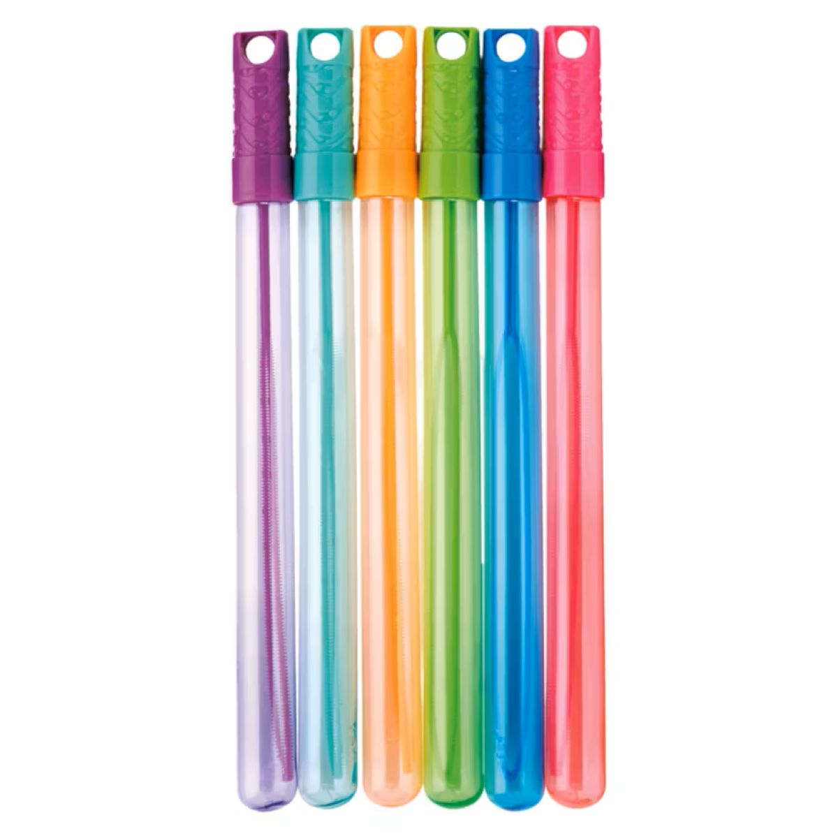 Six colorful bubble wands are standing upright in a row, each with a different colored handle and matching long tube: purple, orange, yellow, green, blue, and red.