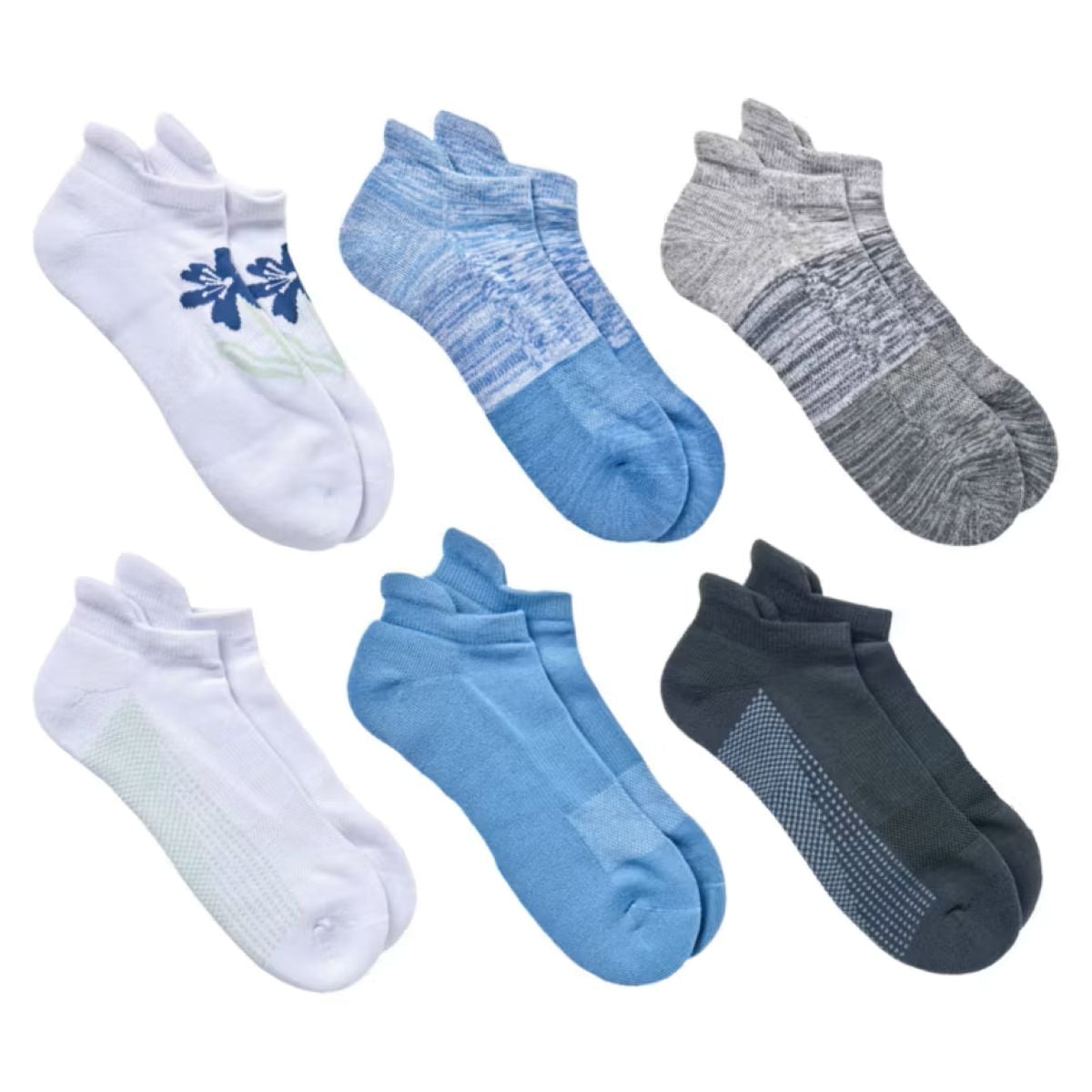 Six pairs of low-cut socks in various colors and patterns, including white with blue flowers, blue, gray, black, and white with green accents, all displayed on a white background.