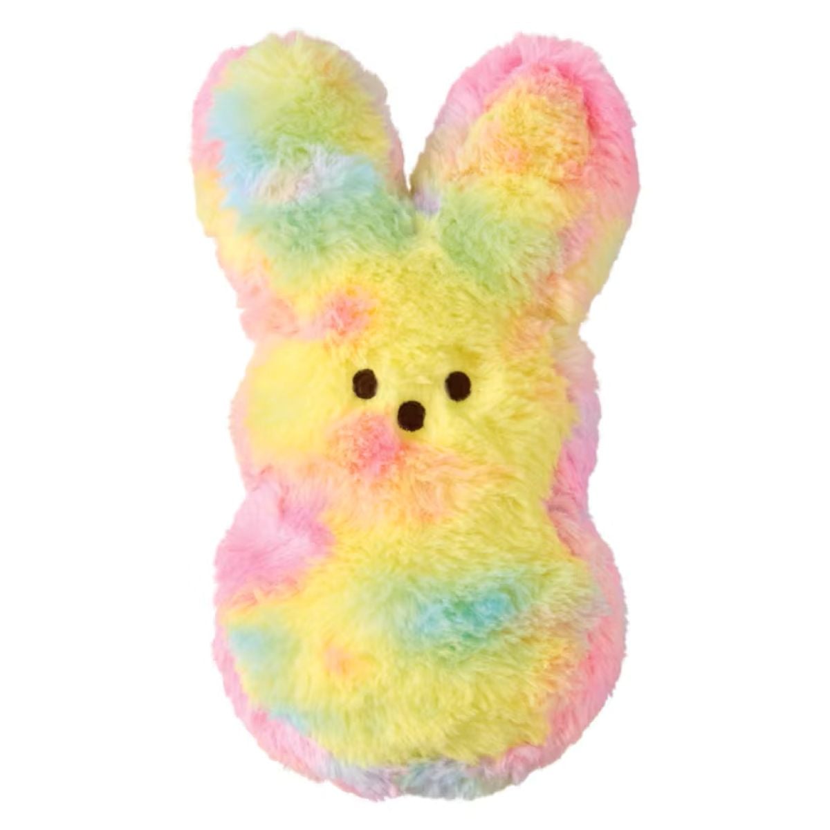 A plush toy shaped like a bunny, covered in fluffy pastel-colored fur with shades of yellow, pink, green, and blue, featuring two black eyes and a small dot nose.