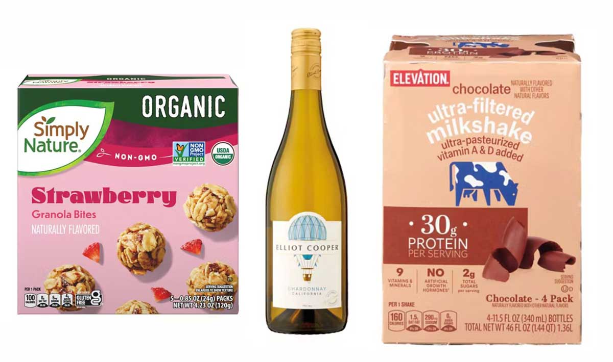 Three products from Aldi: a box of Simply Nature Organic Strawberry Granola Bites, a bottle of Elliott Cooper Chardonnay wine, and a 4-pack of Elevation Chocolate Ultra-Filtered Milkshake.