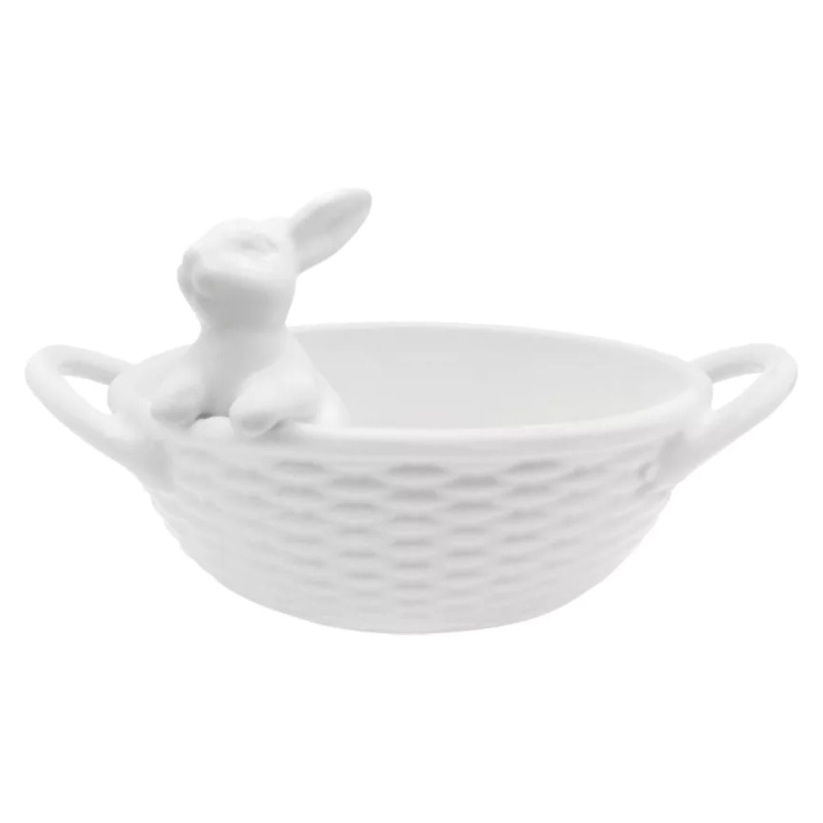 A white ceramic bowl with two handles and a textured, basket-like pattern, featuring a sculpted rabbit sitting on the rim.