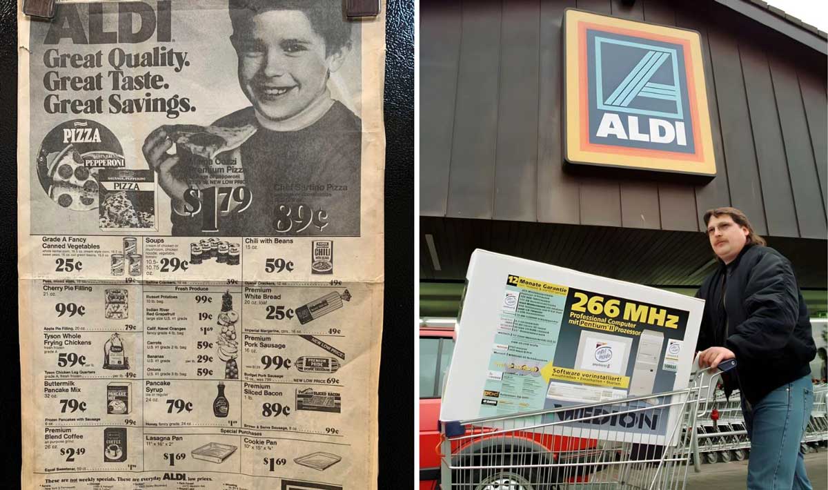 A vintage Aldi in the '90s advertisement with grocery prices is on the left; on the right, a person pushes a shopping cart with a large boxed computer outside an Aldi store.