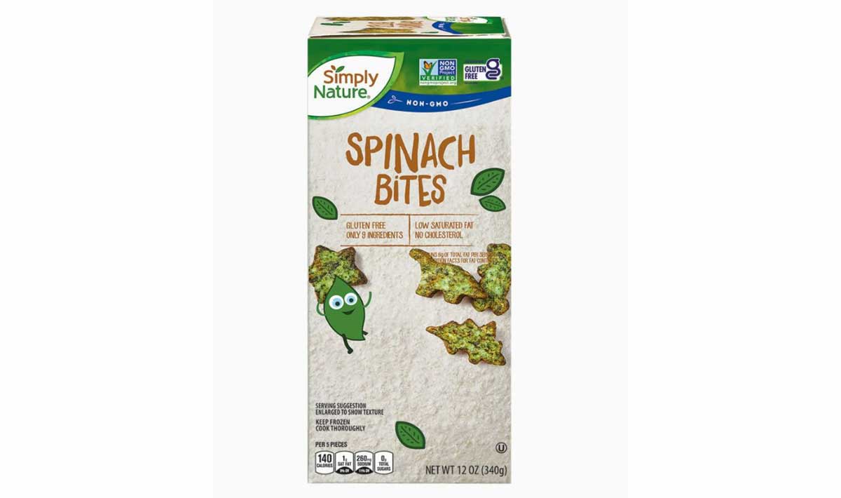 Box of Simply Nature Spinach Bites featuring star-shaped green snacks, a cartoon spinach character, and text highlighting gluten-free, non-GMO, 7 ingredients, and low saturated fat. No connection to any Aldi spinach bites recall. Net weight: 12 oz (340g).