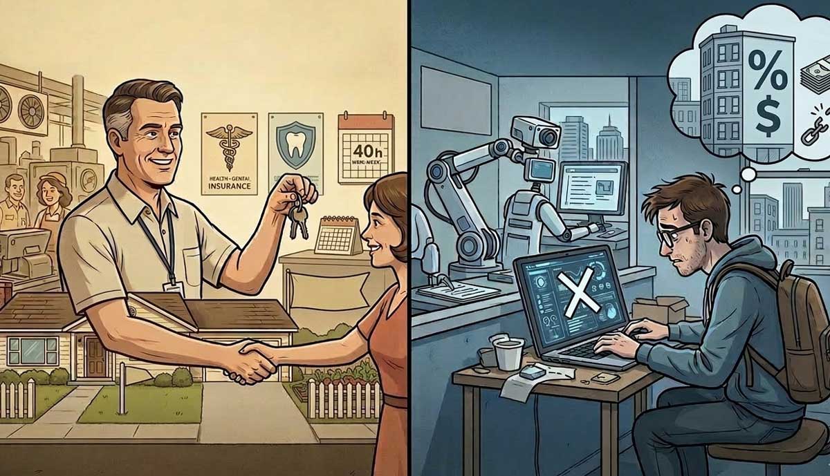 A split image: left side shows a smiling man achieving the American Dream—getting house keys, with insurance and job security symbols; right side shows a tired man at a computer, surrounded by robots, thinking about money and work instability.
